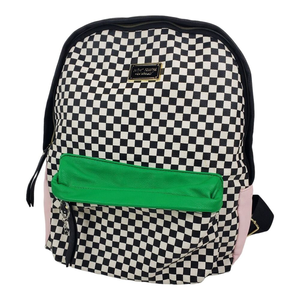 BETSY JOHNSON Backpack Womens Multicolor Checkered Vegan Leather Zip Up Pockets